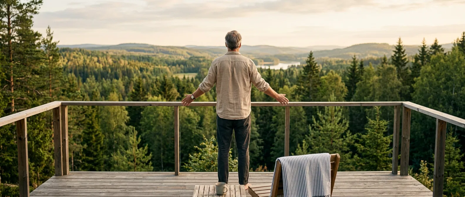 Aktiv man i scandinavisk naturmiljö, bakifrån