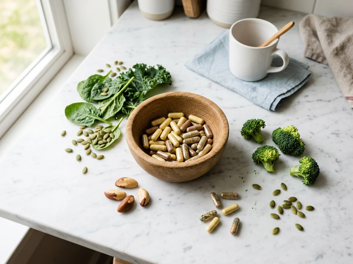 Naturliga ingredienser - pumpafrön, gröna blad, nötter och broccoli på vit marmor